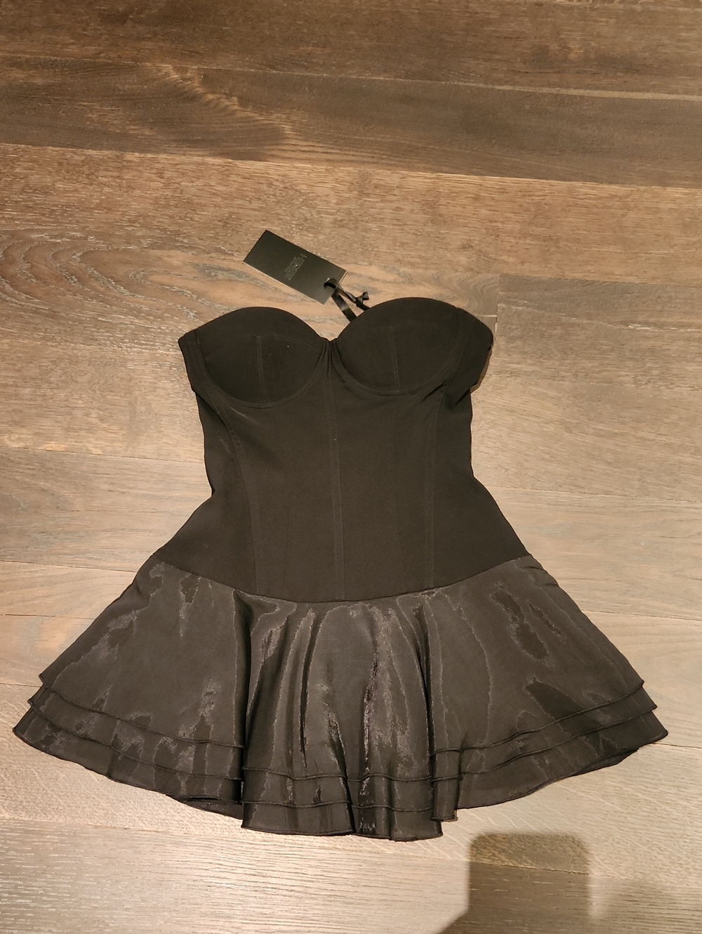 Heiress Black Corset Strapless Chiffon Flared Mini Dress